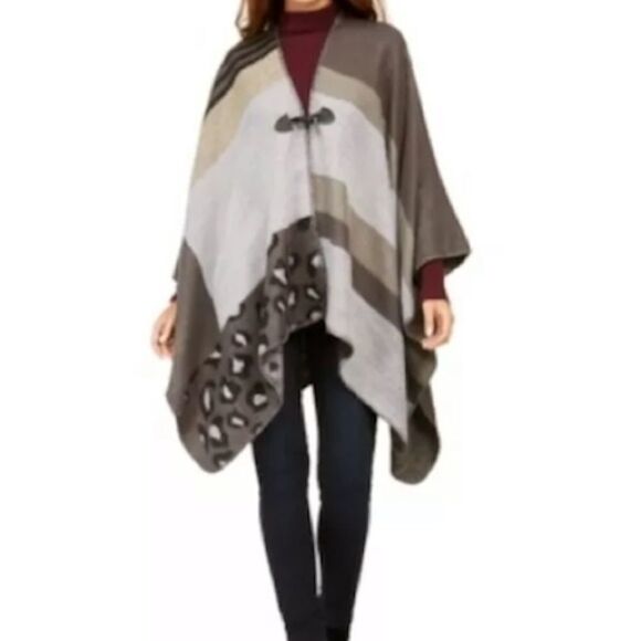NEW CEJON A Hint of Leopard Ruana Poncho Wrap - Picture 3 of 3
